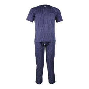 Basix Men’s Power Stretch Striped Henley Knitted Loungewear, Denim Blue, LW-817