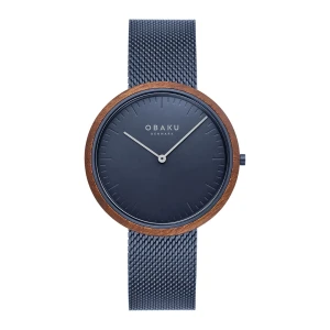Obaku Men's Wood Brown Round Dial With Navy Blue Background & Bracelet Analog Watch, V245GXLLML