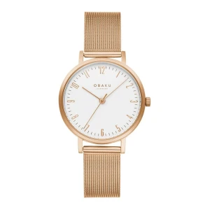 Obaku Women's Brink Lille-Rose White Round Dial With Rose Gold Stainless Steel Mesh Bracelet Analog Watch, V248LXVIMV