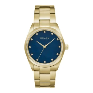 Obaku Women's Golden Round Dial & Bracelet & Navy Bue Background Analog Watch, V263LXGLSG
