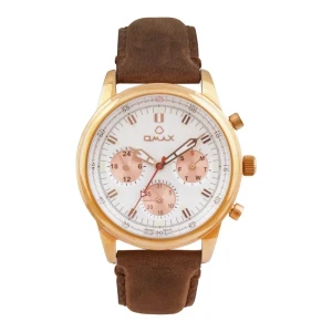 Omax Men's Golden Round Dial With Dark Brown Strap Chronograph Watch, VC02R35I
