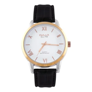 Omax Men's Golden Round Dial With Textured Black Strap Analog Watch, PR0003-T-T