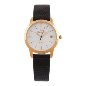 Omax Women's Masterpiece Golden Round Dial With White Background & Black Plain Strap Analog Watch, ML01