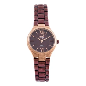 Omax Women's Quartz Water Resist Rust Gold Round Dial With Maroon Bracelet Analog Watch, CFS001N004
