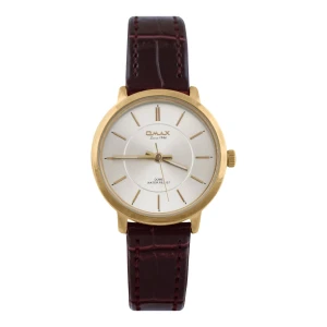 Omax Women's Yellow Gold Round Dial With Textured Dark Maroon Strap Analog Watch, DC006G65I
