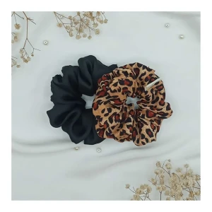 Sandeela Combo 1 Classic Scrunchies, Black + Cheetah Print, 2-Pack, M03-08-2301