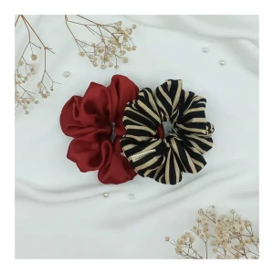 Sandeela Combo 1 Classic Scrunchies, Maroon + Black & Beige, 2-Pack, M03-08-2302