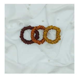 Sandeela Tinies Silk/Chiffon Round Scrunchies, Dark Brown/Copper/Mustard, 3-Pack, M01-02-3007