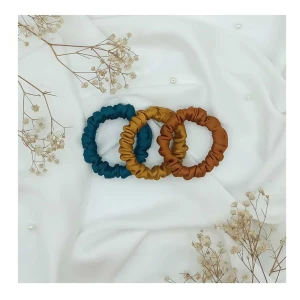 Sandeela Tinies Silk/Chiffon Round Scrunchies, Prussian Blue/Mustard/Copper, 3-Pack, M01-02-3025