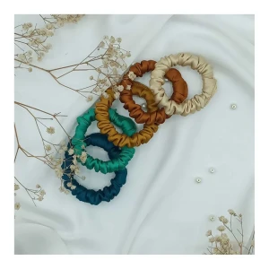 Sandeela Tinies Silk/Chiffon Round Scrunchies, Purple Blue/Em Green/Mustard/Copper/Beige, 5-Pack, M01-02-5017